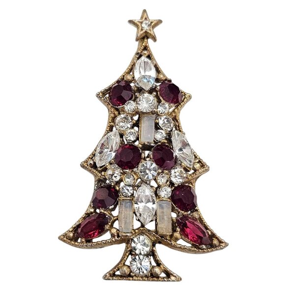 Regency Gold Tone Red Clear Rhinestone Christmas Tree Brooch Signed, J5 - Picture 1 of 11